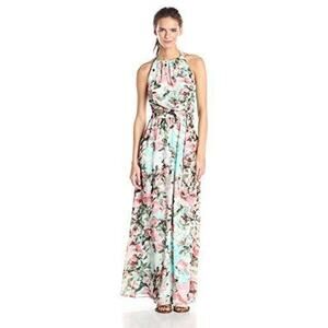 Jessica Simpson Women's Maxi Dress 10 Blue Pink Floral Print Halter Sleeveless